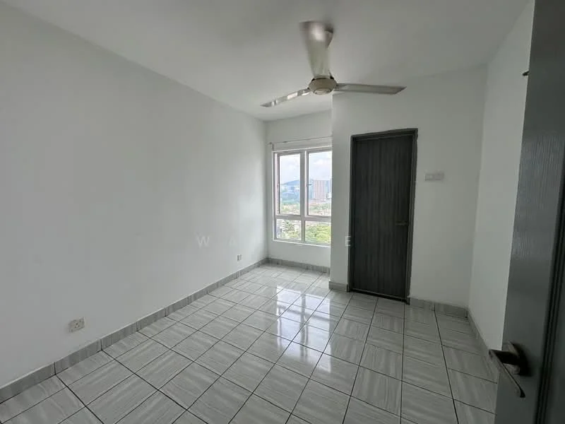 Room features: white painted walls, grey tiled flooring, ceiling fan, large windows, door with wood finish, window with city view, corner of room with natural light; style: modern; view: city.