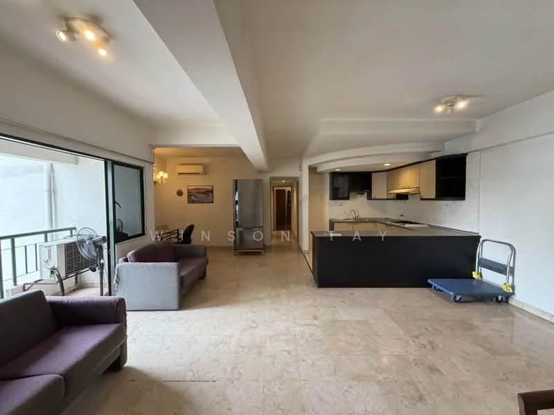Living features: marble flooring, recessed downlights, floor-to-ceiling windows, sliding glass door, 2-seater fabric sofa in grey, 2-seater fabric sofa in purple, open layout to kitchen, air conditioning unit; style: modern. Kitchen features: island countertop, black cabinetry, stainless-steel fridge, built-in oven, 4-burner gas hob, recessed downlights; style: modern.