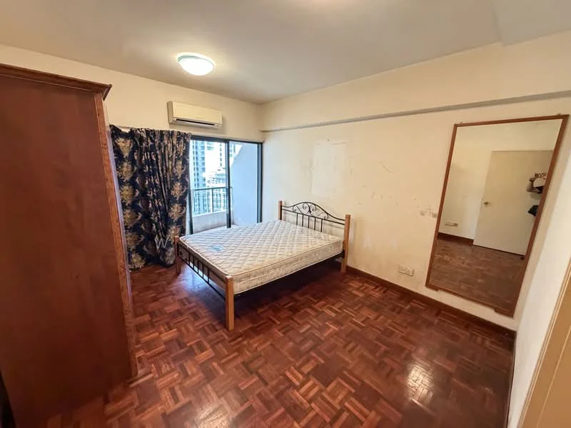 Bedroom features: wooden flooring, single bed frame, mattress, built-in wardrobe, floor-to-ceiling window, curtains with floral pattern, wall-mounted split AC, mirror, light fixture on ceiling, painted walls; view: city.