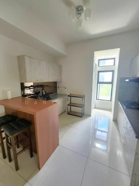 Kitchen features: white cabinetry, wooden breakfast bar, stool seating at breakfast bar, stainless-steel sink, chrome faucet, black countertop, ceramic tile flooring, wall-mounted cabinets, window with city view, recessed ceiling lights, built-in stove, built-in oven; style: modern; view: city.