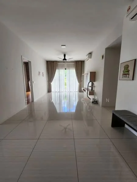 Living features: white painted walls, glossy tile flooring, 5-blade ceiling fan with light, floor-to-ceiling windows, sheer curtains, recessed downlights, wall-mounted air conditioning unit, decorative wall art, bench seating; style: modern; view: garden.