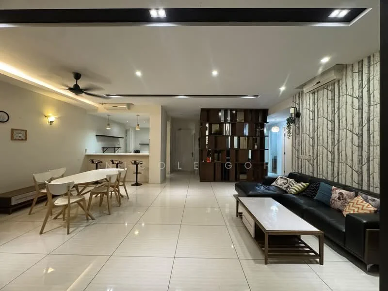 Living features: 3-seater leather sofa in black, coffee table with wooden top, area rug with geometric pattern, wall-mounted TV, feature wall with wood paneling, recessed downlights, ceiling fan, large floor tiles in white, decorative cushions, open shelving unit, dining table with white chairs, wall with tree pattern wallpaper; style: modern. Dining features: 6-seater dining table, white dining chairs, pendant lighting above dining table; style: modern.