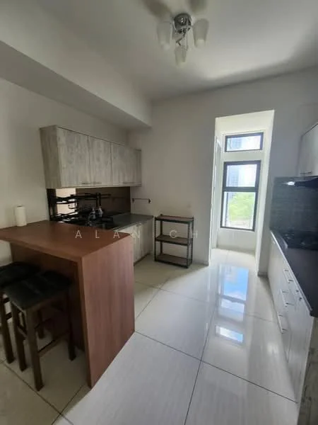 Kitchen features: light wood cabinetry, black countertop, stainless-steel sink, chrome pull-down faucet, built-in oven, freestanding range oven, refrigerator, bar counter with stools, floor-to-ceiling window, white tiled flooring, ceiling fan with light, open layout; style: modern; view: garden.