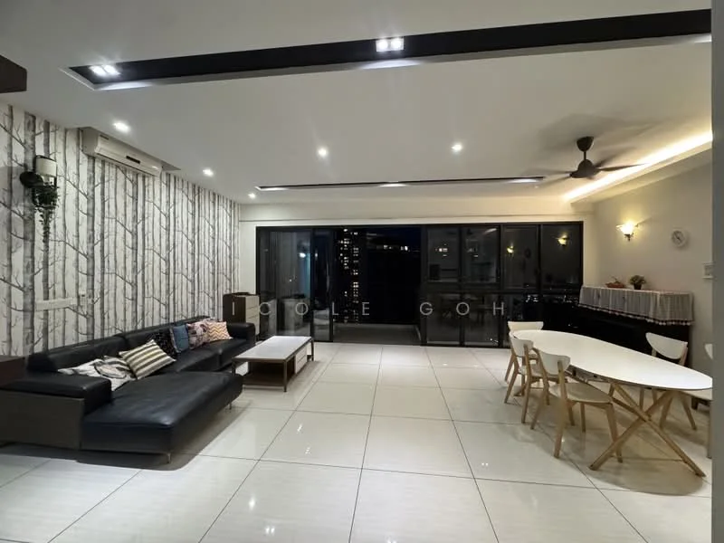 Living features: black leather sectional sofa, white dining table with wooden legs, wooden dining chairs, large floor-to-ceiling windows, sliding glass door, recessed LED downlights, ceiling fan, decorative wall with tree pattern, white tiled flooring, wall-mounted console, decorative wall sconce; style: modern; view: city.