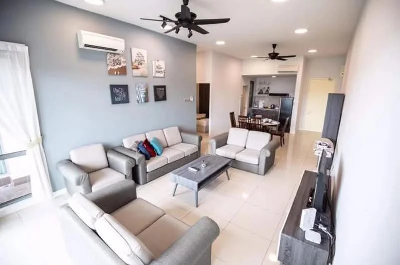 Living features: 3-seater fabric sofa in grey, 2-seater fabric sofa in beige, coffee table with glass top, wall-mounted TV, TV console, ceiling fan with light, recessed downlights, white painted walls, tile flooring, decorative wall art, sheer curtains on window, open layout to dining area; style: modern.