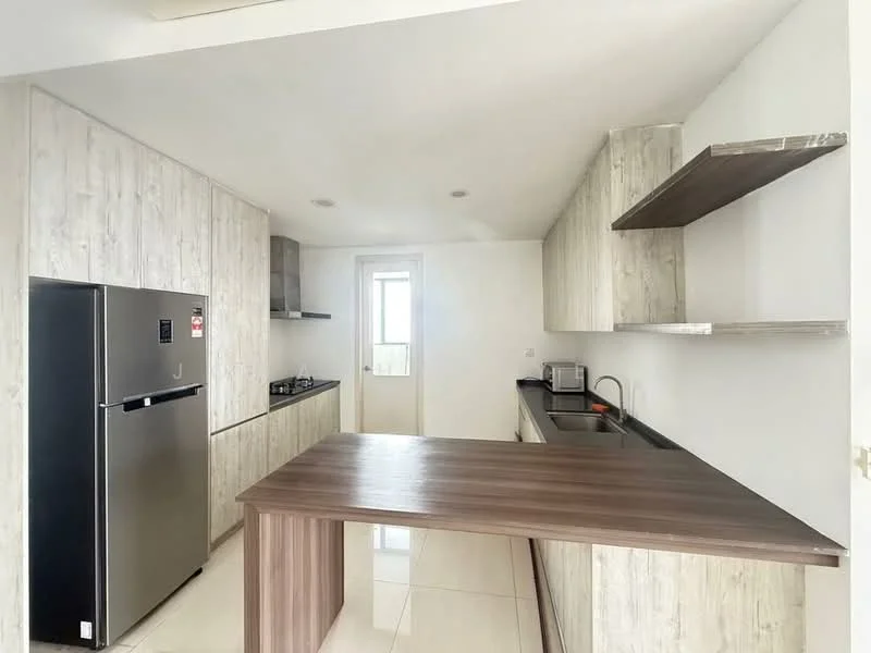 Kitchen features: stainless-steel fridge, gas hob, black countertop, wooden cabinetry with light finish, open shelving, tile flooring, window for natural light, kitchen island with wooden surface; style: modern.