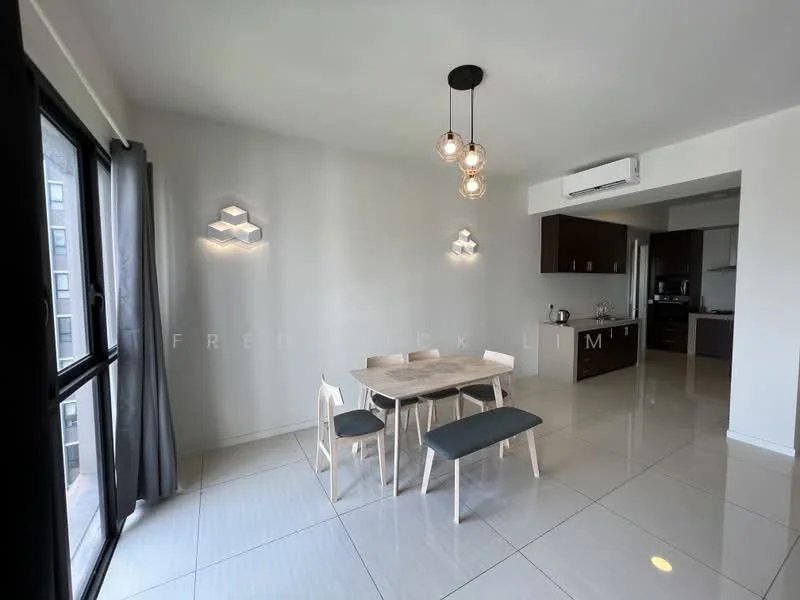 Dining features: 6-seater dining table, light wood dining chairs, grey upholstered bench seating, pendant lighting with multiple bulbs, white painted walls, large windows with sheer curtains, glossy tile flooring, air conditioning unit on wall; style: modern. Kitchen features: dark wood cabinetry, built-in oven, stainless-steel fridge, stainless-steel range hood, 4-burner gas hob, black countertop, open layout to dining area; style: modern.