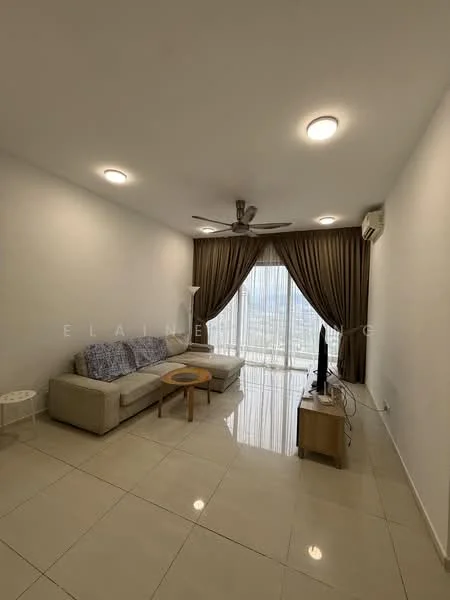 Living features: 3-seater fabric sofa in light grey, wooden coffee table, wall-mounted TV, floor-to-ceiling windows, sheer curtains, 5-blade ceiling fan with light, recessed downlights, cream painted walls, glossy tile flooring, air conditioning unit; style: modern; view: city.