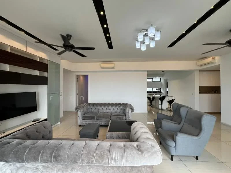 Living features: 3-seater grey velvet sofa, 2-seater grey upholstered armchair, black coffee table, wall-mounted flat-screen TV, built-in shelving unit with dark wood finish, recessed ceiling lights, 5-blade ceiling fan, white painted walls, tile flooring, decorative light fixture with multiple bulbs, open layout to kitchen area; style: modern.