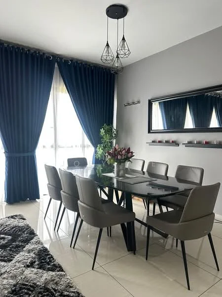 Dining features: 6-seater dining table with glass top, upholstered dining chairs in grey, pendant lighting with geometric design, floor-to-ceiling windows with sheer curtains, dark blue curtains, decorative mirror on wall, potted plant, wall-mounted shelf with candles, polished tile flooring, neutral grey painted walls; style: modern; view: city.