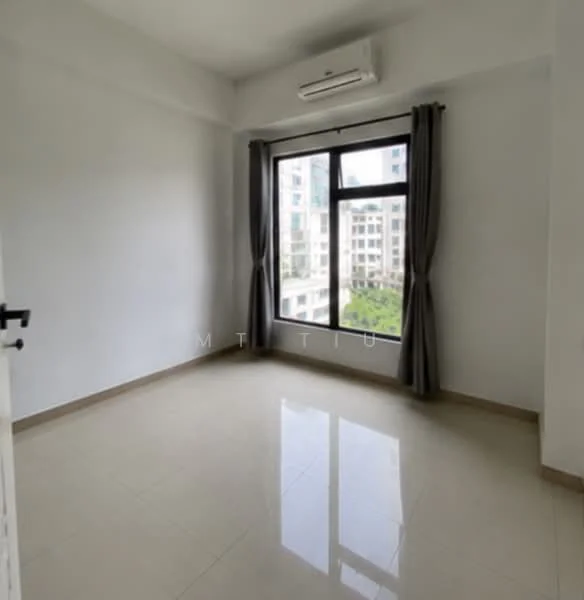 Room features: white painted walls, glossy ceramic tile flooring, floor-to-ceiling window, grey curtains, wall-mounted split AC, neutral-coloured trim, natural light from window; style: modern; view: garden.