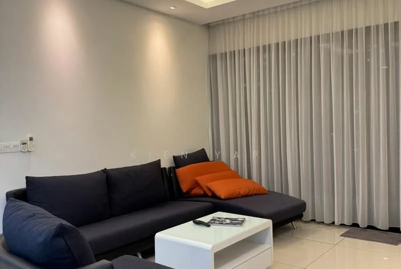 Living features: dark blue fabric sectional sofa, orange throw pillows, white coffee table, recessed downlights, white painted walls, floor-to-ceiling sheer curtains, glossy tile flooring, wall-mounted intercom, decorative wall art; style: modern.