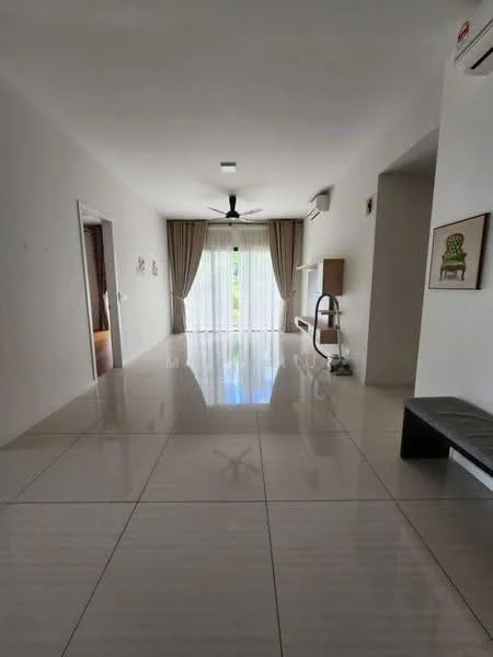Living features: white painted walls, glossy porcelain tile flooring, 5-blade ceiling fan with light, floor-to-ceiling windows, sheer curtains, sliding glass door, recessed downlights, decorative mirror, wall-mounted air conditioning unit, bench seating, framed artwork; style: modern; view: garden.