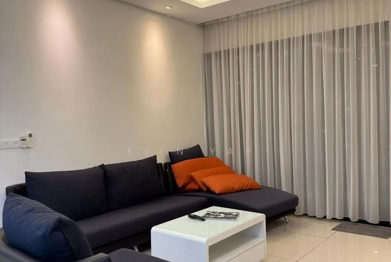 Living features: L-shape sectional sofa in navy blue, orange throw pillows, white coffee table, cream tiled flooring, white painted walls, recessed downlights, floor-to-ceiling sheer curtains, wall-mounted electrical outlets; style: modern.