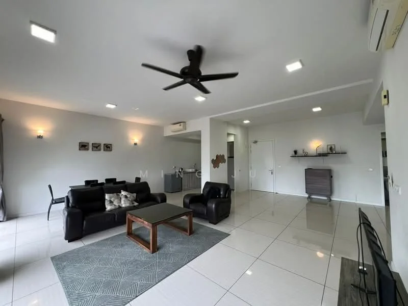 Living features: 3-seater leather sofa in black, 2-seater leather sofa in black, coffee table with wooden frame, area rug with geometric pattern, wall-mounted TV, TV console, ceiling fan with 5 blades, recessed LED downlights, white painted walls, glossy tile flooring, curtains, decorative wall art; style: modern.