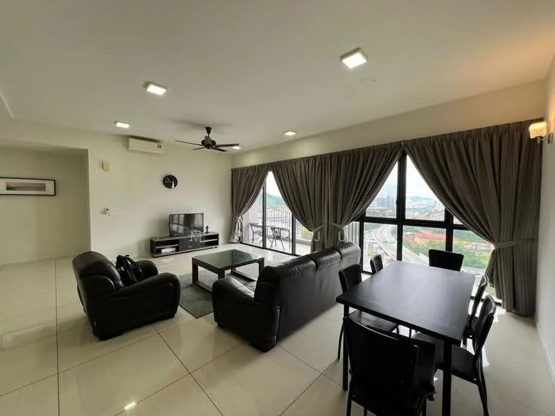 Living features: 5-blade ceiling fan with light, recessed LED downlights, floor-to-ceiling windows, black leather 3-seater sofa, black leather 2-seater sofa, glass coffee table, TV console, wall-mounted TV, area rug, dining table with 4 black chairs, curtains, white painted walls, porcelain tile flooring, air conditioning unit; style: modern; view: city.