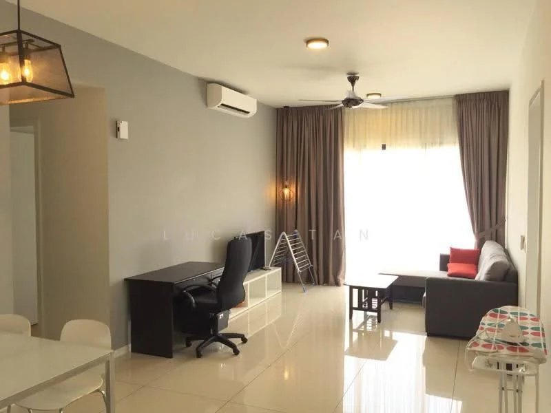 Living features: cream painted walls, glossy tile flooring, 5-blade ceiling fan with light, floor-to-ceiling windows, sheer curtains, grey accent wall, sofa in red, coffee table, TV console, desk with chair, wall-mounted air conditioning unit, decorative wall light; style: modern; view: city.