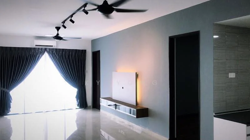 Living features: polished marble flooring, grey painted walls, recessed LED downlights, 5-blade ceiling fan, floor-to-ceiling windows, sheer curtains, dark wood TV console, wall-mounted TV, decorative wall lighting; style: modern; view: city.