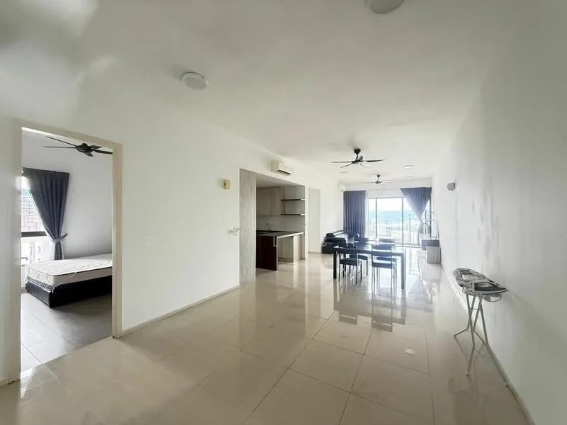 Living features: white painted walls, tile flooring, 2 ceiling fans, large floor-to-ceiling windows, dining table with chairs, open layout, natural light, neutral color scheme; style: modern; view: city. Bedroom features: queen-size bed, white walls, ceiling fan, window with city view; style: modern; view: city.