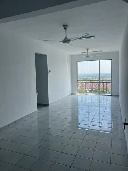 Living features: white painted walls, glossy white tile flooring, 5-blade ceiling fan with light, floor-to-ceiling windows, sliding glass door, city view, natural light, open layout; style: modern; view: city.