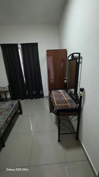 Bedroom features: queen-size bed, black curtains, mirror with frame, wooden dresser, decorative tablecloth, tiled flooring, white painted walls, chair.