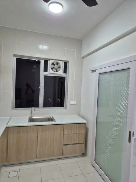 Kitchen features: single-bowl stainless-steel sink, chrome pull-down faucet, laminate cabinetry in light wood finish, white quartz countertop, ceramic tile flooring, wall-mounted ceiling fan, window with sliding glass door, white painted walls, exhaust fan, built-in cabinetry; style: modern.