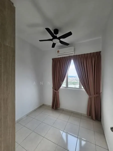 Bedroom features: white painted walls, tile flooring, 5-blade ceiling fan, window with city view, curtains in brown, wall-mounted split AC; view: city.