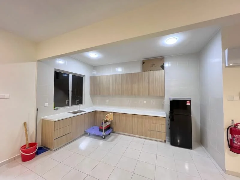 Kitchen features: white quartz countertop, light wood cabinetry, stainless-steel fridge, single-bowl stainless-steel sink, chrome pull-down faucet, ceramic tile flooring, white tiled backsplash, recessed LED downlights, window with city view, kitchen island with seating, built-in oven, open shelving, fire extinguisher on wall, cleaning cart; style: modern; view: city.
