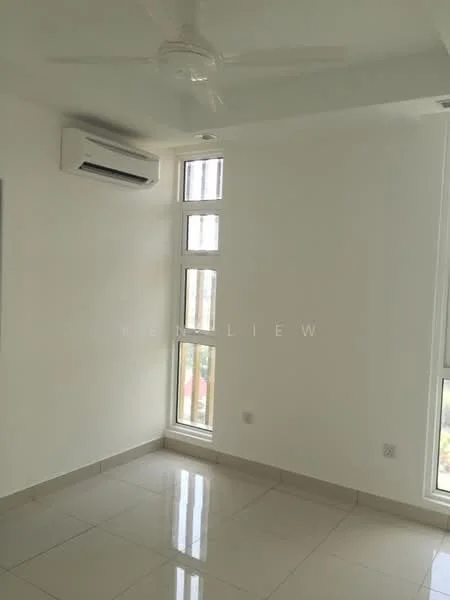 Room features: white painted walls, glossy tile flooring, 5-blade ceiling fan, 1 wall-mounted split AC, floor-to-ceiling windows, natural light from windows.