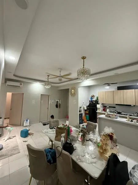 Living features: white painted walls, tray ceiling, recessed downlights, 5-blade ceiling fan with light, marble tile flooring, dining table with chairs, decorative chandelier, open kitchen layout, kitchen cabinetry in light wood, black refrigerator, kitchen countertop, various decorative items, floor rug, multiple bags and clutter; style: modern.