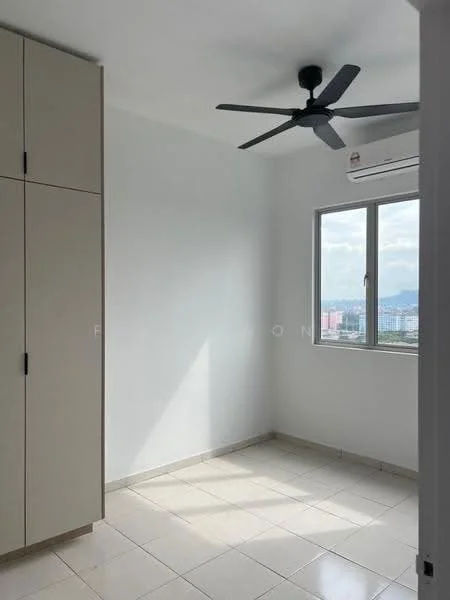 Room features: white painted walls, tile flooring, 1 ceiling fan, 1 window with city view, built-in wardrobe with sliding doors, air conditioning unit; style: modern; view: city.