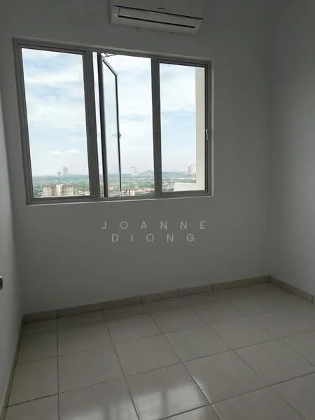 Room features: white painted walls, tile flooring, floor-to-ceiling window, city view, 1 wall-mounted split AC; view: city.
