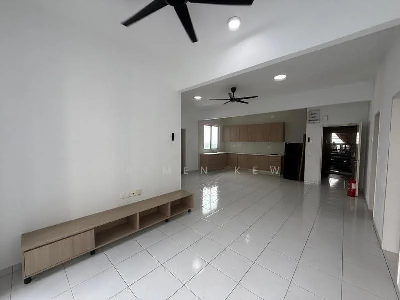 Living features: white painted walls, glossy white tile flooring, 5-blade ceiling fan with light, wall-mounted TV console, recessed downlights, large windows, open layout to kitchen, neutral color scheme; style: modern. Kitchen features: wood cabinetry, black refrigerator, open layout to living area, white tile backsplash, countertop space, stainless-steel sink, built-in appliances; style: modern.