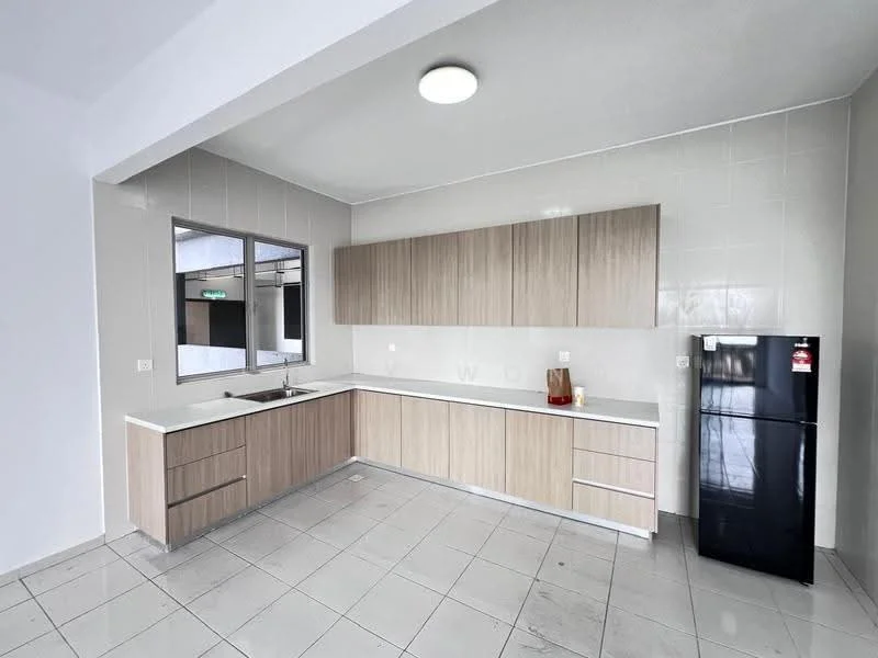 Kitchen features: L-shaped kitchen layout, light wood cabinetry, white countertop, single-bowl stainless-steel sink, chrome pull-down faucet, built-in refrigerator in black, ceramic tile flooring, white tiled walls, recessed ceiling light; style: modern.