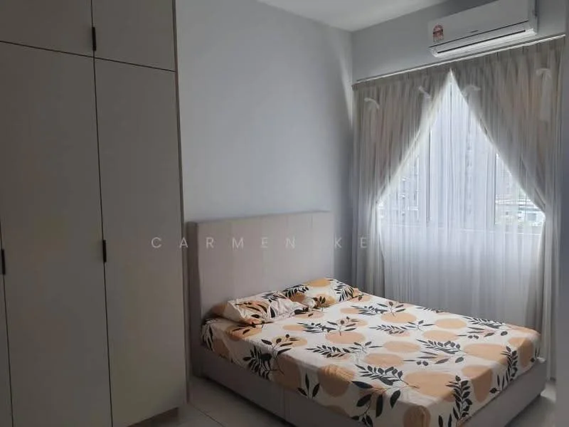 Bedroom features: queen-size bed with floral bedding, upholstered headboard, built-in wardrobe with sliding doors, floor-to-ceiling window with sheer curtains, wall-mounted air conditioning unit, light-colored walls, tile flooring, decorative wall art; style: modern; view: city.
