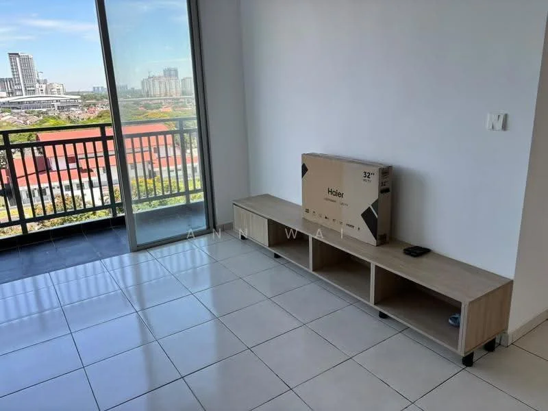 Living features: large floor-to-ceiling windows, sliding glass door, white painted walls, glossy white tile flooring, wooden TV console, 32-inch TV box, open layout, city view; style: modern; view: city.