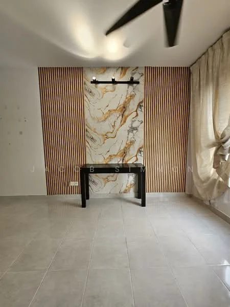 Room features: marble accent wall with gold and white veining, wooden slat feature wall, grey ceramic tile flooring, ceiling fan, curtains, wall-mounted lighting, neutral painted walls, decorative console table; style: modern.