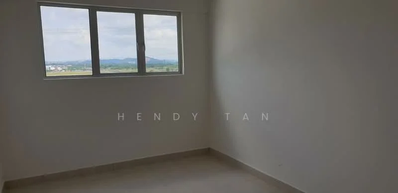Room features: white painted walls, tile flooring, single window, mountain view; view: mountain.