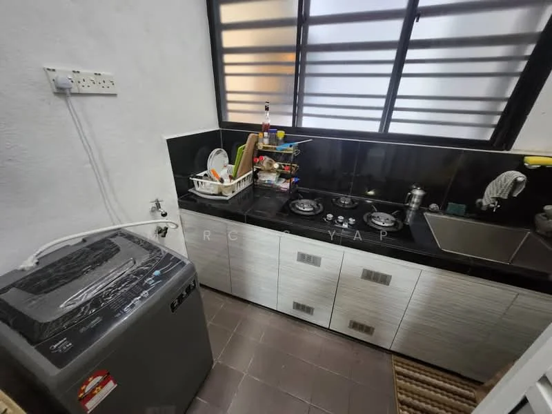 Kitchen features: black countertop, double-bowl stainless-steel sink, chrome pull-down faucet, 2-burner gas hob, built-in cabinets with silver handles, washing machine, white walls, sliding windows, tile flooring; style: modern.