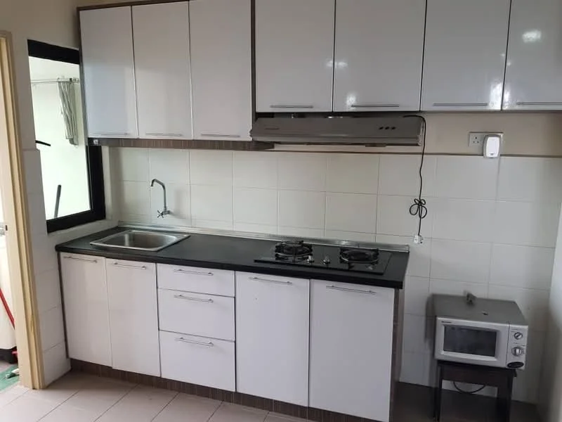 Kitchen features: white cabinetry with flat-panel doors, black countertop, single-bowl stainless-steel sink, chrome pull-down faucet, built-in gas hob with two burners, built-in range hood, microwave, white tiled walls, light-colored tiled flooring, window with view to outside; style: modern.