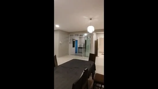 Dining features: 6-seater dining table, dark tablecloth, upholstered dining chairs, pendant light fixture, light grey painted walls, white ceiling, tile flooring, glass sliding door, open layout to adjacent room; style: modern. Room features: light grey painted walls, white ceiling, tile flooring, glass sliding door leading to another room.
