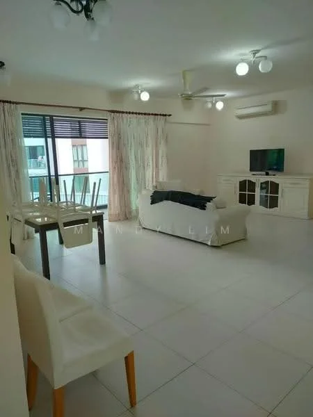 Living features: white walls, white tiled flooring, 5-blade ceiling fan, 3 pendant lights, floor-to-ceiling windows, sliding glass door, sheer curtains, white sofa, black throw pillow, TV console, dining table with 4 chairs, decorative wall unit; style: modern; view: city.