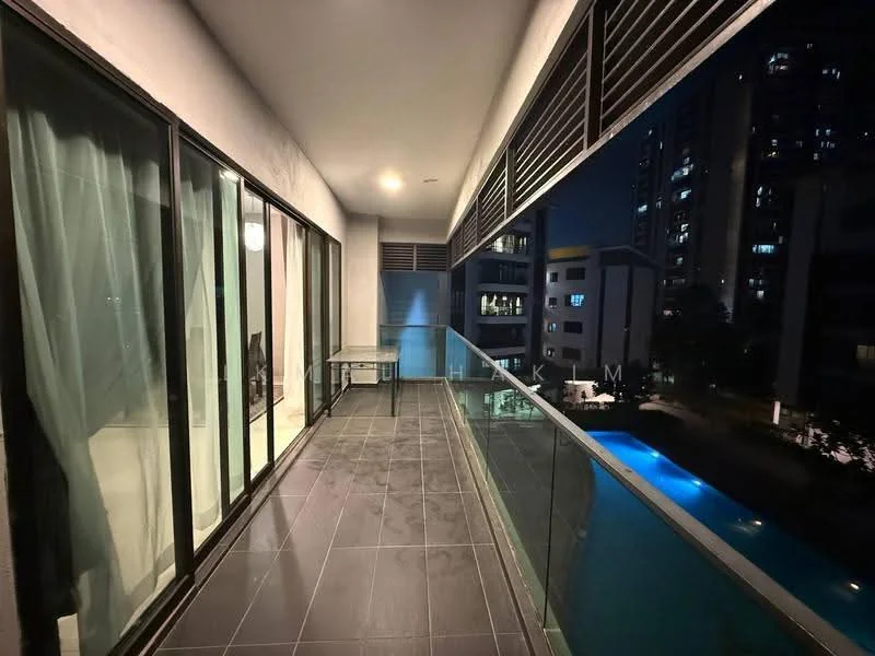 Room features: floor-to-ceiling windows, sliding glass door, grey tiled flooring, glass balcony railing, outdoor lighting, view of swimming pool, view of surrounding buildings, nighttime ambiance; style: modern; view: pool.