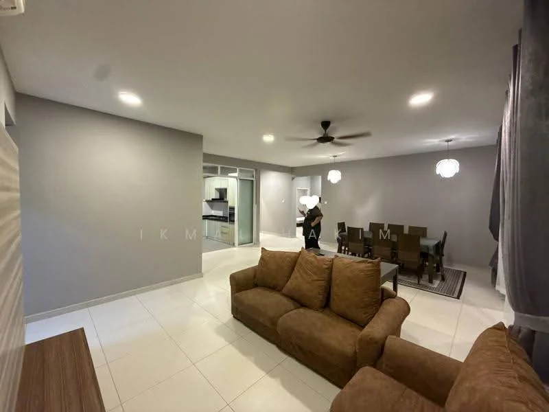 Living features: 3-seater fabric sofa in brown, coffee table, wall-mounted TV, recessed LED downlights, ceiling fan, white tiled flooring, grey painted walls, decorative wall panel, area rug with geometric pattern; style: modern. Dining features: 6-seater dining table, upholstered dining chairs, pendant lighting, grey painted walls, white tiled flooring; style: modern. Kitchen features: open-plan layout, kitchen island, white cabinetry, black countertops, stainless-steel appliances, recessed LED downlights; style: modern.