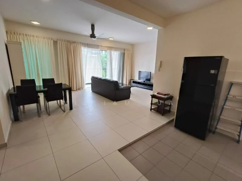 Living features: grey leather sofa, black TV console, wall-mounted TV, dining table for 4, black dining chairs, floor-to-ceiling windows, sheer curtains, 5-blade ceiling fan, tile flooring, light-colored painted walls; style: modern; view: garden.
