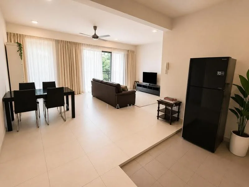 Living features: floor-to-ceiling windows, sheer curtains, 5-blade ceiling fan with light, wall-mounted TV, black TV console, light-coloured walls, tile flooring, area rug, sofa, coffee table, dining table with 4 chairs, refrigerator; style: modern; view: garden.