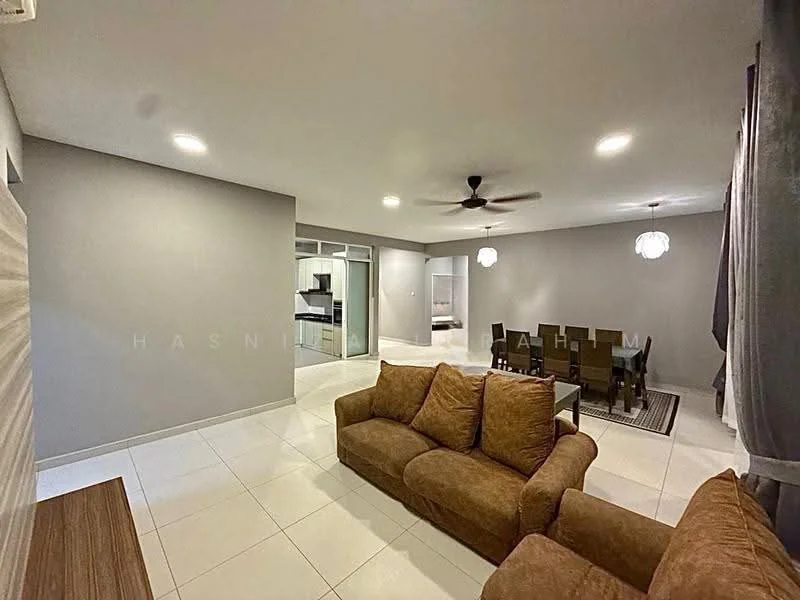 Living features: brown fabric sofa, coffee table, area rug, 5-blade ceiling fan with light, white painted walls, tile flooring, recessed downlights, dining area visible in background, large windows with sheer curtains; style: modern. Dining features: 6-seater dining table, upholstered dining chairs, pendant lighting, white painted walls, tile flooring; style: modern.