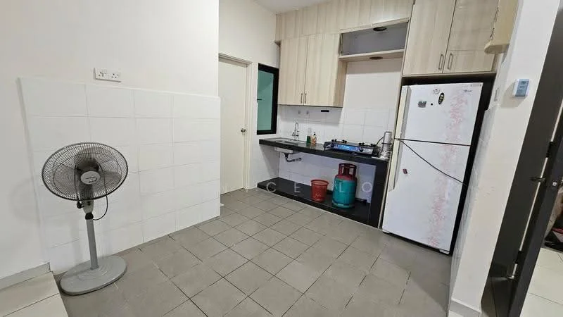 Kitchen features: white tiled walls, grey floor tiles, laminate cabinetry in light wood, black countertop, stainless-steel sink, chrome pull-down faucet, freestanding fridge, gas stove with exhaust hood, wall-mounted fan, window for natural light; style: modern.