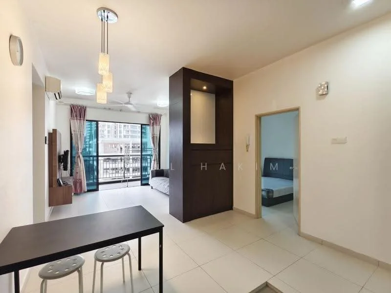 Living features: white painted walls, tile flooring, 5-blade ceiling fan with light, recessed downlights, floor-to-ceiling windows, sliding glass door, curtains, dining table with stools, built-in cabinetry, open layout; style: modern; view: city. Bedroom features: white painted walls, tile flooring, queen-size bed, built-in wardrobe; style: modern.