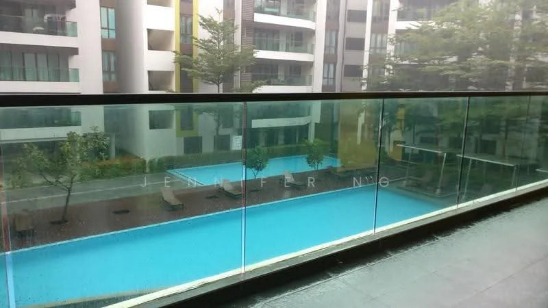 Room features: glass railing, tile flooring, overlooking swimming pool, view of landscaped area, balcony, water feature, trees in landscaping, modern architecture; style: modern; view: pool.